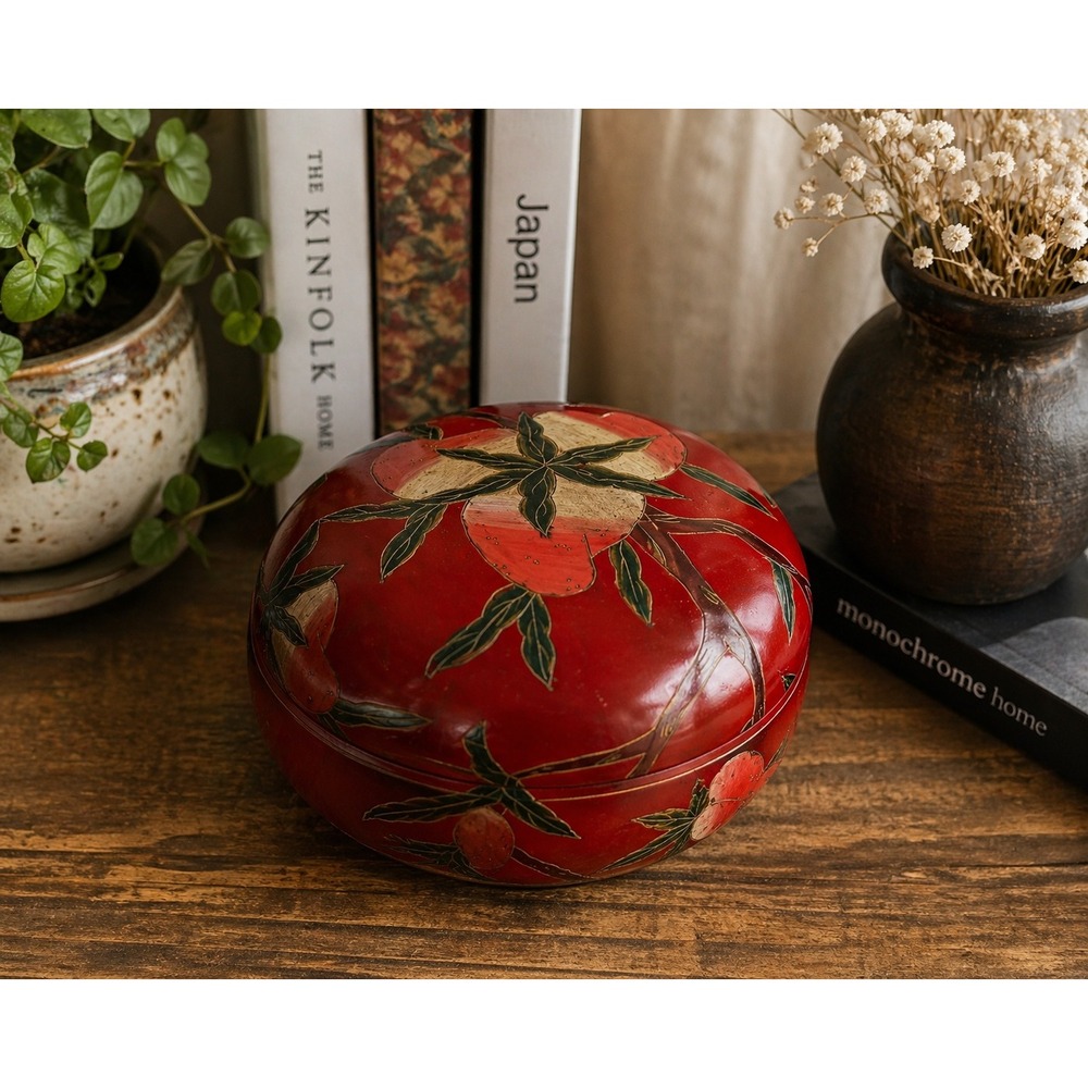Vintage‎ Japanese Red Lacquer Box Floral Trinket Bowl Lidded Wood Decor